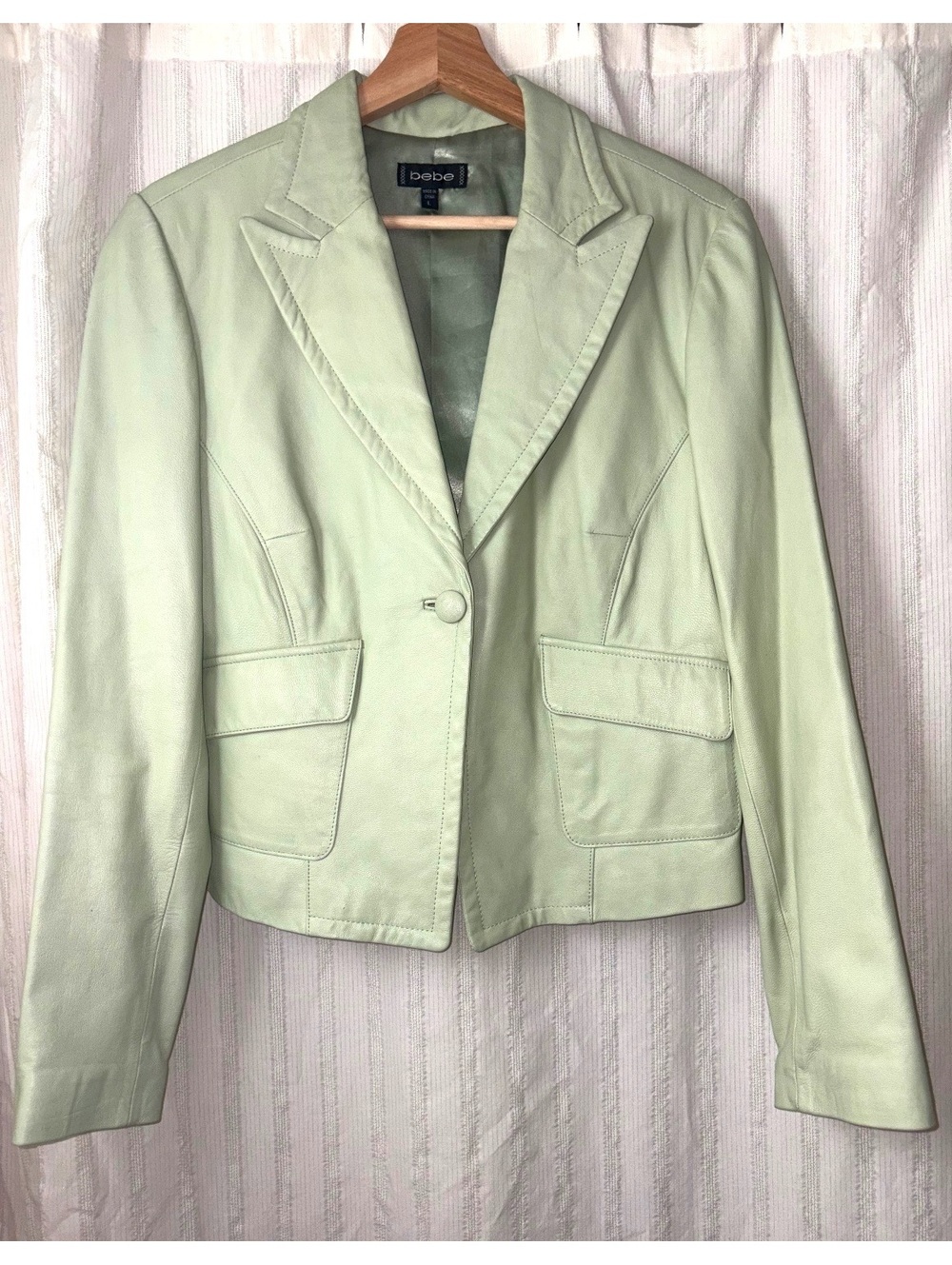Bebe Pale Mint Genuine Leather Blazer Jacket L #vintage #fitted #officesiren